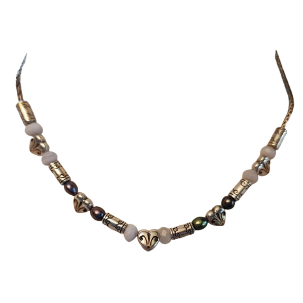 Brighton Eye Candy Necklace Silver & Tan Beads with Heart Charms
